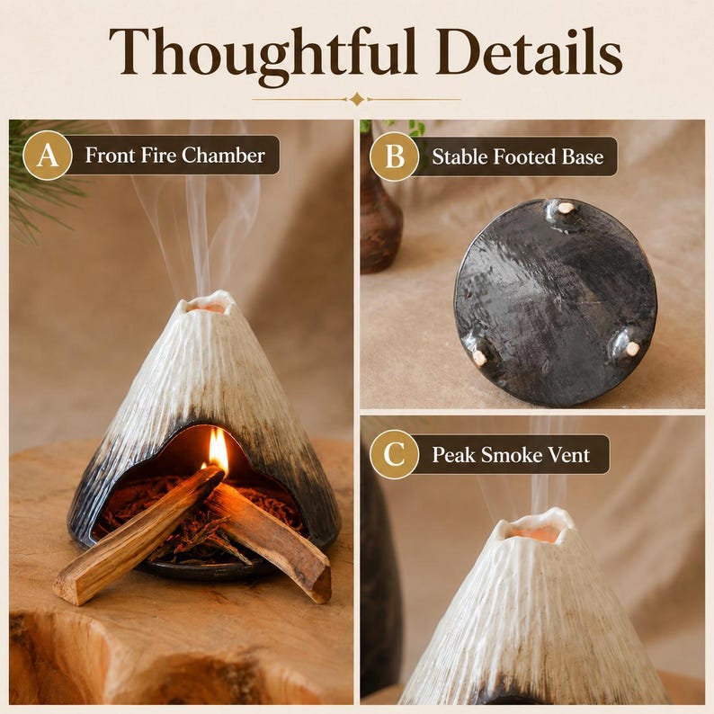 May include: A ceramic volcano-shaped incense burner with a front fire chamber, stable footed base, and peak smoke vent. The burner is white and black with a textured finish. The image includes the text "Thoughtful Details".