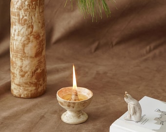 Ceramic Oil Lamp Candle Holder, Wheat Glaze Stoneware Butter Lamp, Japandi Wabi-Sabi Minimalist Decor