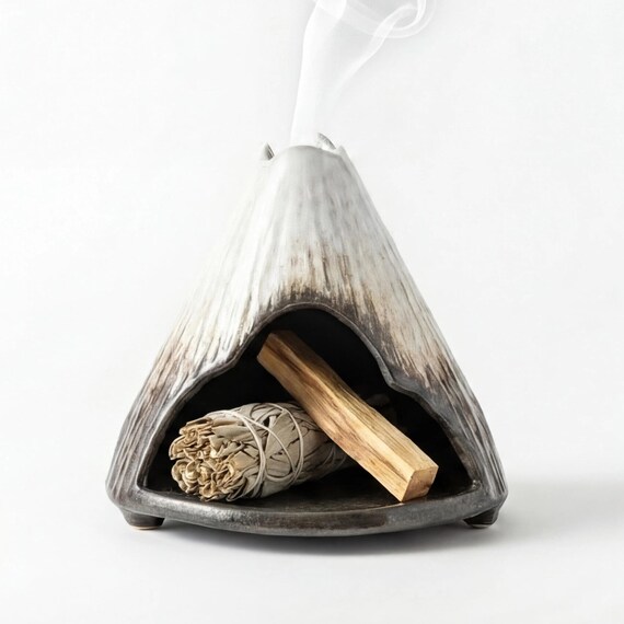 Snow Mountain Incense Holder, Ceramic Palo Santo Burner for Sticks Sage & Cones, Smoke-Through-Peak Opening, Minimal Home Decor, Gift