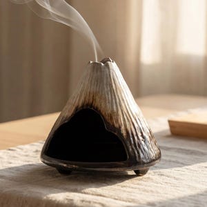May include: A ceramic incense holder shaped like a volcano, with a textured, ridged surface. The color transitions from light gray to dark brown, with smoke rising from the top. The holder has a large opening and sits on three small feet.