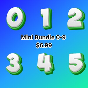 May include: A collection of 3D numbers 0, 1, 2, 3, 4, and 5, each with a white center, a green outline, and a white border. The text "Mini Bundle 0-9" is displayed in the center of the image.