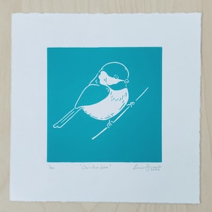 Chickadee, linocut relief print