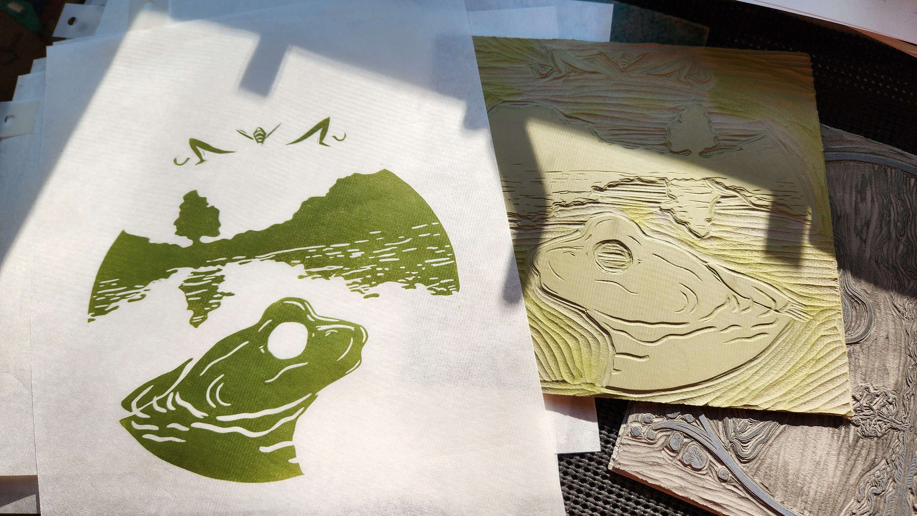 Frog on the Crawfish, Multiblock Linocut Relief Print - Etsy
