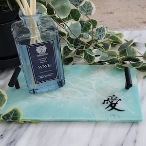 Handmade Resin Art Jade Inspired Green Serving Tray with Black Handles Vanity Tray Gifting Idea