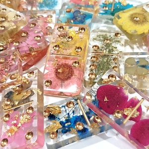 Handmade Resin Art Dried Pressed Flowers Transparent Clear with Gold Dots & Golden Foil Dominoes Set, Domino Double 6 Set, Custom, Gift, Toy