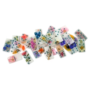 Handmade Resin Art Dried Pressed Flowers White Milk Bath with Green Tinted Chrome Dots Dominoes Set, Domino Double 6 Set, Custom, Gift Games