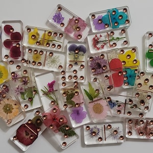 Handmade Resin Art Dried Pressed Flowers Transparent Clear with Rose Gold Dots Dominoes Set, Domino Double 6 Set, Custom, Personalized, Gift