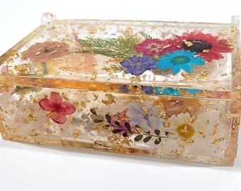 Scatola di domino trasparente con fiori pressati secchi in resina fatta a mano e lamina d&#39;oro, domino, personalizzata, portagioie, vassoio portaoggetti