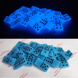 Handmade Resin Art Glow in the Dark Double Blue with Black Dots Dominoes Set, Glowing & Non Glow Domino Double 6 Set, Custom Gift Games Toys