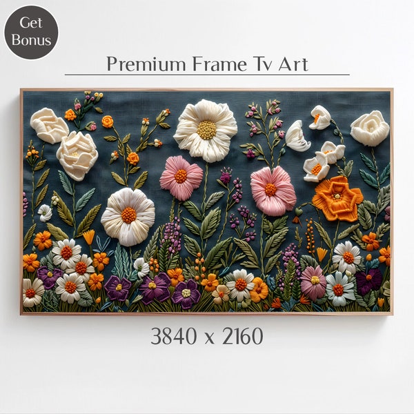 Ethereal Blossoms: White Flower Flat Embroidery - Samsung Frame TV Art for Home Decor