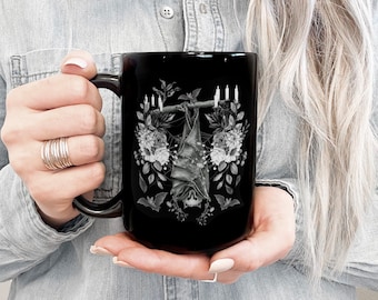 Taza de murciélago Taza de bruja Taza gótica Taza de murciélago linda Cosas de bruja Taza estética Decoración de brujas Taza de estilo cottagecore oscuro Gótico romántico Murciélago lindo Cocina gótica