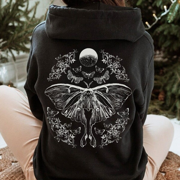 Luna Moth Goblincore Hoodie Cottagecore Hoodie Goblincore Clothing Moth Hoodie Witchy Hoodie Celestial Hoodie Gothic Hoodie Floral Hoodie