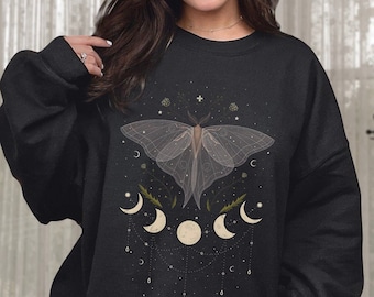 Luna Moth Moon Sweatshirt Moth Sweatshirt Witchy Sweatshirt Cottagecore Shirt Folklore Sweatshirt Dark Cottagecore Goblincore Clothing