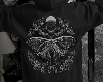 Luna Moth Goblincore Hoodie Cottagecore Hoodie Goblincore Clothing Moth Hoodie Witchy Hoodie Celestial Hoodie Gothic Hoodie Floral Hoodie