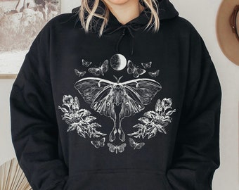 Luna Moth Goblincore Hoodie Cottagecore Hoodie Goblincore Clothing Moth Hoodie Witchy Hoodie Celestial Hoodie Gothic Hoodie Floral Hoodie