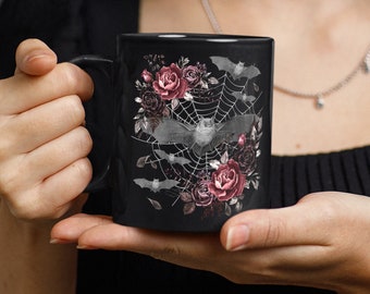 Taza de murciélago Taza de bruja Taza gótica Taza de murciélago linda Cosas de bruja Taza estética Decoración de brujas Taza de estilo cottagecore oscuro Gótico romántico Murciélago lindo Cocina gótica