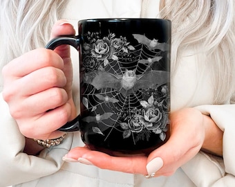 Taza de murciélago Taza de bruja Taza gótica Taza de murciélago linda Cosas de bruja Taza estética Decoración de brujas Taza de estilo cottagecore oscuro Gótico romántico Murciélago lindo Cocina gótica