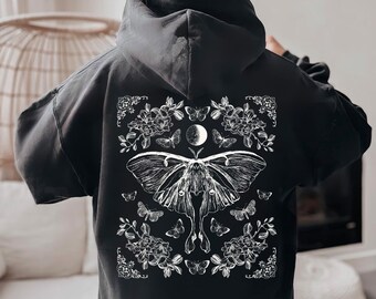 Luna Moth Goblincore Hoodie Cottagecore Hoodie Goblincore Clothing Moth Hoodie Witchy Hoodie Celestial Hoodie Gothic Hoodie Floral Hoodie