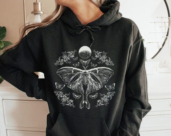 Luna Moth Goblincore Hoodie Cottagecore Hoodie Goblincore Clothing Moth Hoodie Witchy Hoodie Celestial Hoodie Gothic Hoodie Floral Hoodie