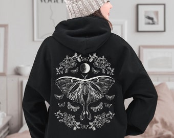 Luna Moth Goblincore Hoodie Cottagecore Hoodie Goblincore Clothing Moth Hoodie Witchy Hoodie Celestial Hoodie Gothic Hoodie Floral Hoodie