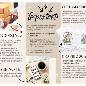 May include: A graphic design for a t-shirt featuring a tiger with the text "Be Strong Be Brave Be Fearless". The image also includes information about processing, custom orders, and graphic scale.