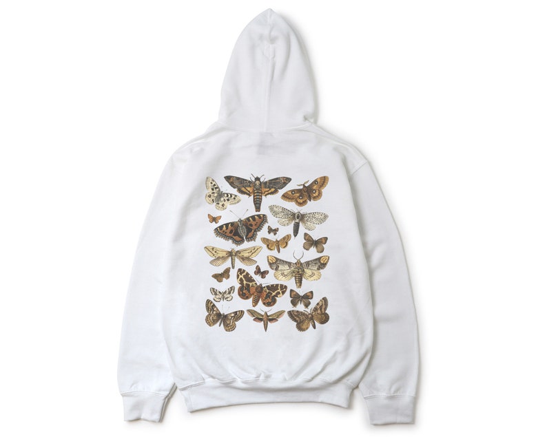 May include: White hooded sweatshirt with a print of various butterflies and moths on the back.