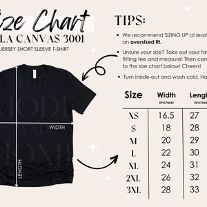 May include: Size chart for Bella Canvas 3001 unisex short sleeve t-shirt. The chart shows the width and length in inches for sizes XS to 3XL.