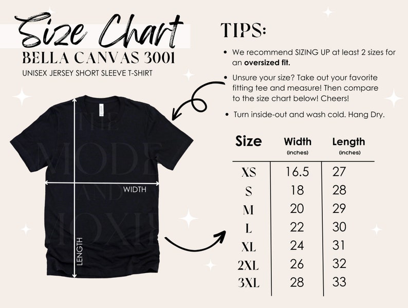 May include: Size chart for Bella Canvas 3001 unisex short sleeve t-shirt. The chart shows the width and length in inches for sizes XS to 3XL.