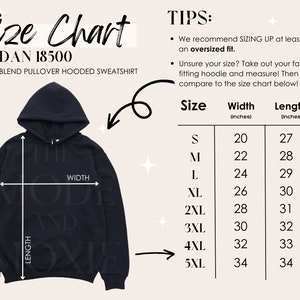 May include: Size chart for a Gildan 18500 heavy blend pullover hooded sweatshirt. The chart shows the width and length in inches for sizes S through 5XL.