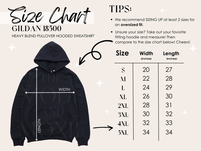 May include: Size chart for a Gildan 18500 heavy blend pullover hooded sweatshirt. The chart shows the width and length in inches for sizes S through 5XL.