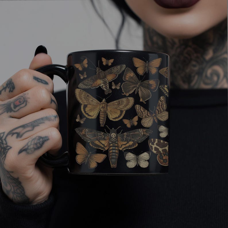 Moth Mug Cottagecore Mug Cottagecore Mugs Dark Cottagecore Forest Mug Woodland Mug Witchy Mug Garden Mug Death Moth Deaths Head Moth 11 oz. image 1