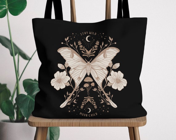 Stay Wild Moon Child Witchy Tote Bag Mushroom Tote Bag Nature Tote Bag Luna Moth Aesthetic Tote Bag Lunar Moth Moon Moth Floral Tote Bag