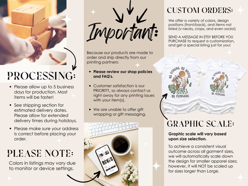 May include: A graphic design guide for Etsy sellers, with information about processing times, custom orders, and graphic scaling. The text includes "Processing", "Important", "Custom Orders", "Please Note", and "Graphic Scale".