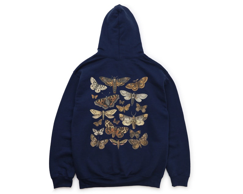 May include: A navy blue hooded sweatshirt with a graphic print of various moths and butterflies on the back.