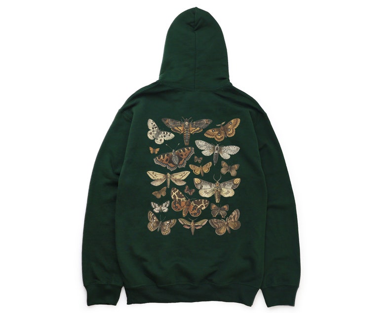 May include: A dark green hooded sweatshirt featuring a print of assorted butterflies and moths in shades of brown, beige, and white.