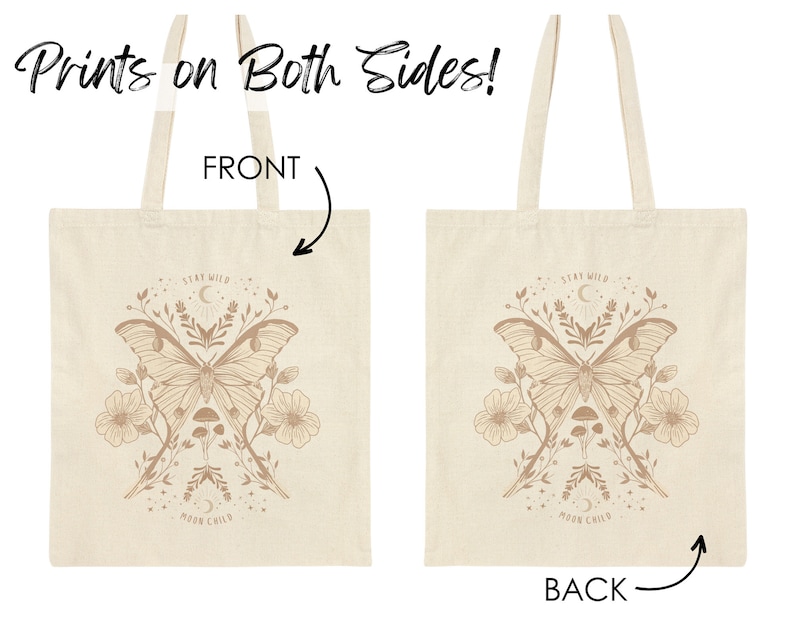May include: A beige canvas tote bag with a brown butterfly and floral design. The text "Stay Wild Moon Child" is printed on the bag. The bag has two handles and is printed on both sides.