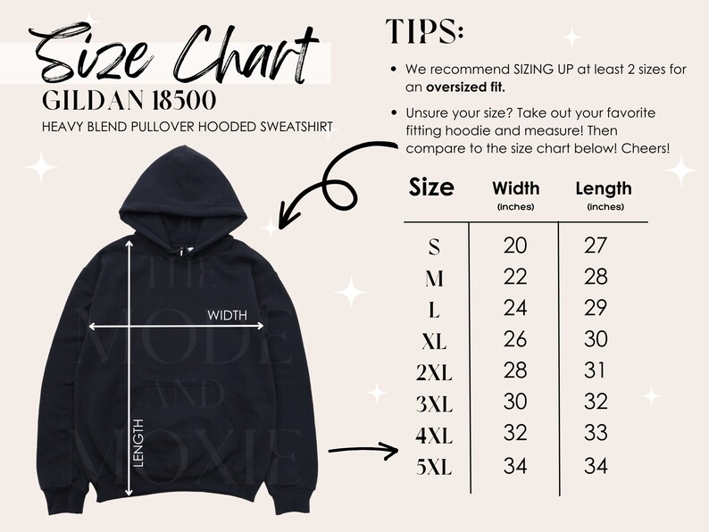 May include: A size chart for a black Gildan 18500 heavy blend pullover hooded sweatshirt. The chart includes measurements for width and length in inches, ranging from size small to 5XL. The text "The Mode and Moxie" is visible on the sweatshirt.