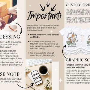 May include: A graphic design guide for Etsy sellers, with information about processing times, custom orders, and graphic scaling. The text includes "Processing", "Important", "Custom Orders", "Please Note", and "Graphic Scale".