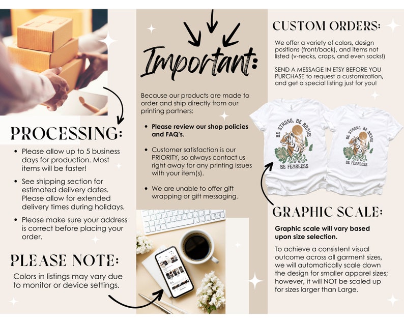 May include: A graphic design for a t-shirt featuring a tiger illustration and the text "Be Strong Be Brave Be Fearless". The image also includes information about processing, custom orders, and graphic scale for t-shirt designs.
