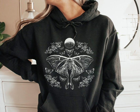 Luna Moth Goblincore Hoodie Cottagecore Hoodie Goblincore Clothing Moth Hoodie Witchy Hoodie Celestial Hoodie Gothic Hoodie Floral Hoodie