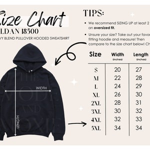 May include: Size chart for a Gildan 18500 heavy blend pullover hooded sweatshirt. The chart shows the width and length in inches for sizes S through 5XL.  Tips for sizing up are included.