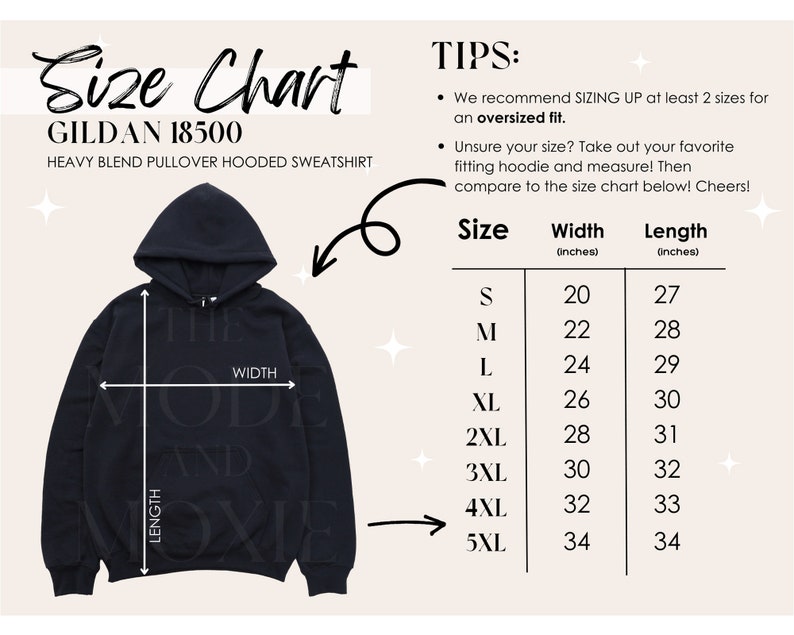 May include: Size chart for a Gildan 18500 heavy blend pullover hooded sweatshirt. The chart shows the width and length in inches for sizes S through 5XL.  Tips for sizing up are included.