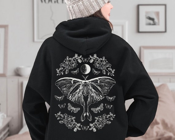 Luna Moth Goblincore Hoodie Cottagecore Hoodie Goblincore Clothing Moth Hoodie Witchy Hoodie Celestial Hoodie Gothic Hoodie Floral Hoodie