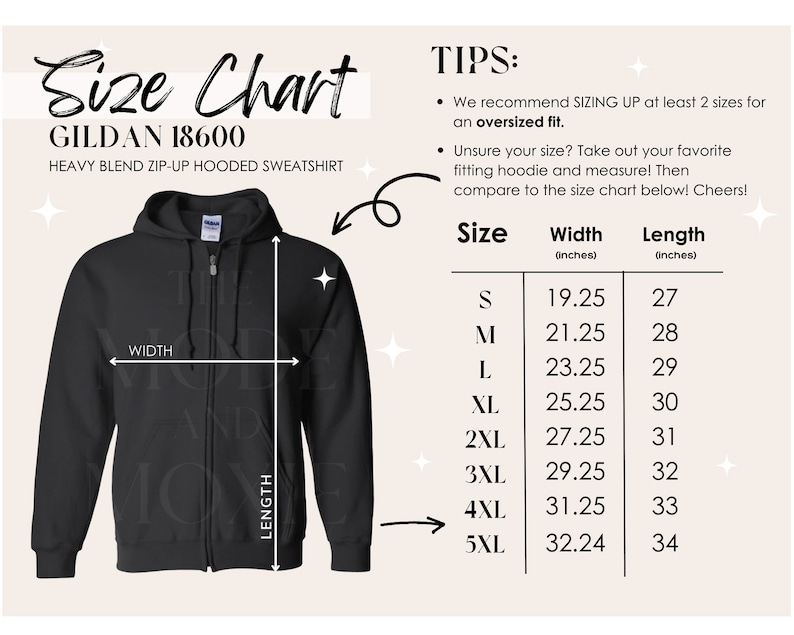 May include: Size chart for a Gildan 18600 heavy blend zip-up hooded sweatshirt. The chart shows the width and length in inches for sizes S through 5XL.