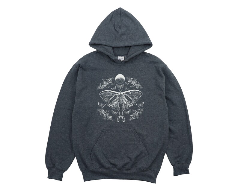 May include: A dark grey hooded sweatshirt with a white graphic print of a moth and moon. The moth is surrounded by smaller moths and flowers.