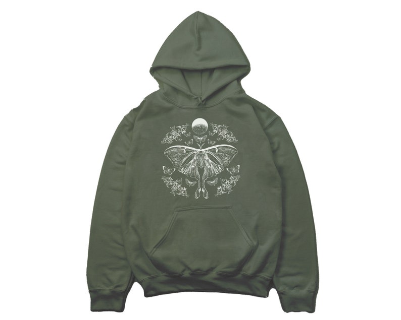 May include: A dark green hooded sweatshirt with a white graphic print of a moth and a crescent moon surrounded by smaller moths.