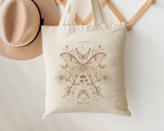 Stay Wild Moon Child Witchy Tote Bag Mushroom Tote Bag Nature Tote Bag Luna Moth Aesthetic Tote Bag Lunar Moth Moon Moth Floral Tote Bag