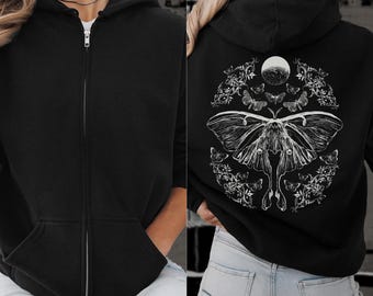 Zip Up Hoodie Luna Moth Goblincore Hoodie Cottagecore Hoodie Goblincore Clothing Moth Hoodie Witchy Hoodie Celestial Hoodie Gothic Hoodie
