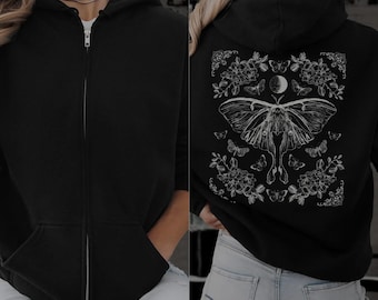 Zip Up Hoodie Luna Moth Goblincore Hoodie Cottagecore Hoodie Goblincore Clothing Moth Hoodie Witchy Hoodie Celestial Hoodie Gothic Hoodie