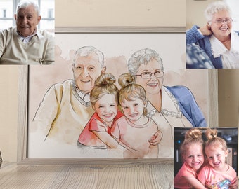 Add a person in photo, add a deceased loved one to a photo, Combine photos into a drawing, Personalized watercolor portrait, Family portrait